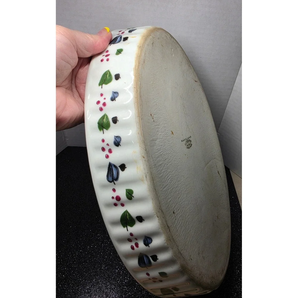 Vintage Oval Ceramic Baking Dish‎ Fruit Vine Pomegranate White 12 Inch Casserole